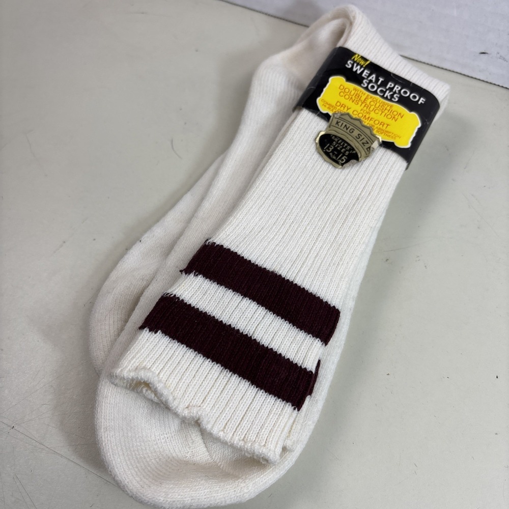VTG Sweat Proof Tube Socks White Burgundy Striped King Size 13-15 Made in USA